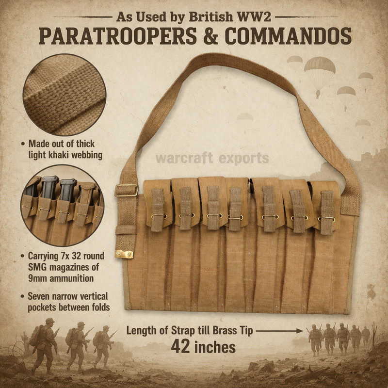 WWII British 7 Pocket 1944 Magazine Pouch Bandolier For Sten Repro-Light KHAKI gallery