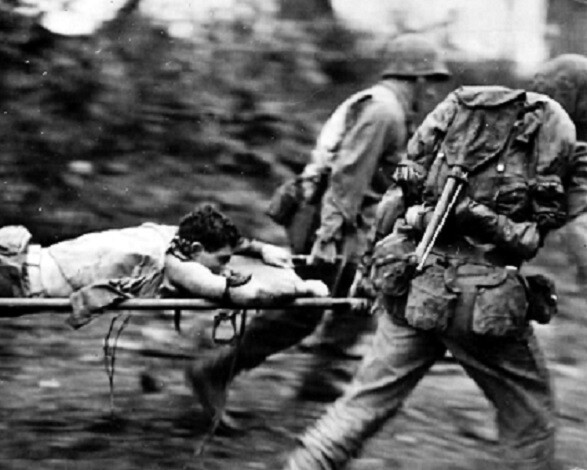 U.S. Marines Evacuate Wounded Comrade Under Fire Okinawa WWII 8×10 Photo 455a