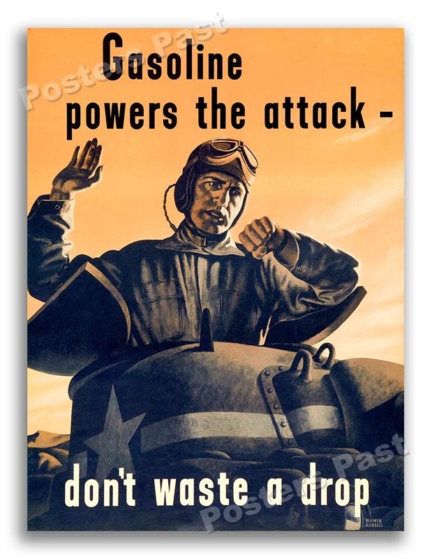 “Gasoline powers the attack” 1943 Vintage Style WW2 War Poster – 18×24