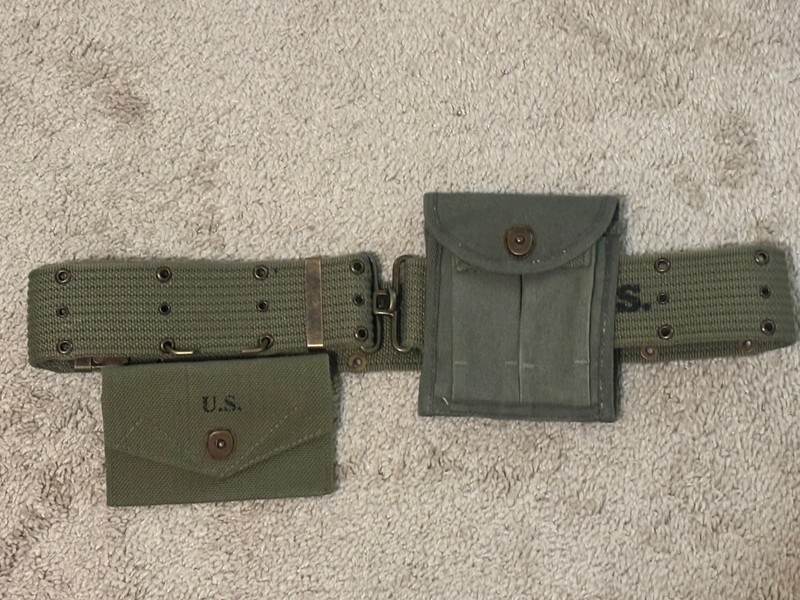 Reproduction US WWII 1944 OD Pistol Belt USMC Mag Pouch & First Aid Pouch NEW