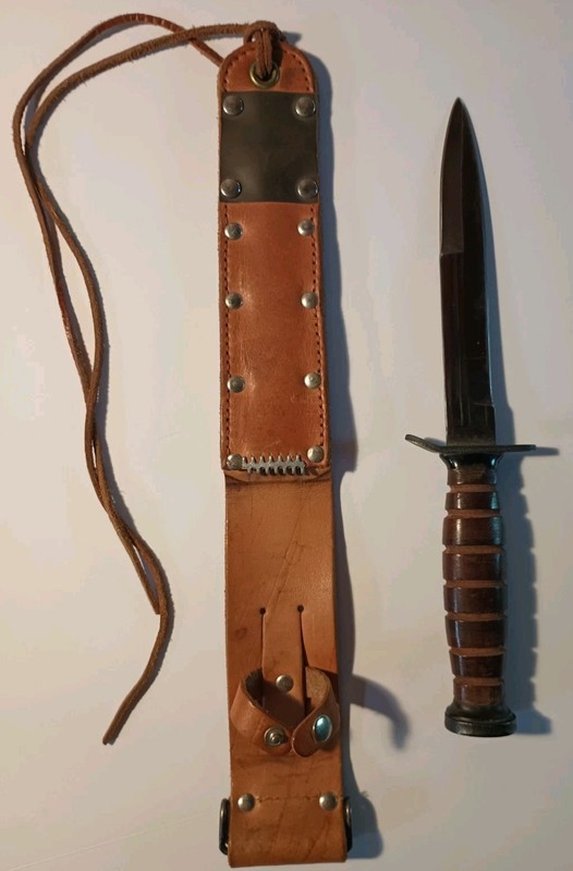 WWII M3 Trench Knife Replica Stacked Leather Handle. US. MC Stamped On Hilt