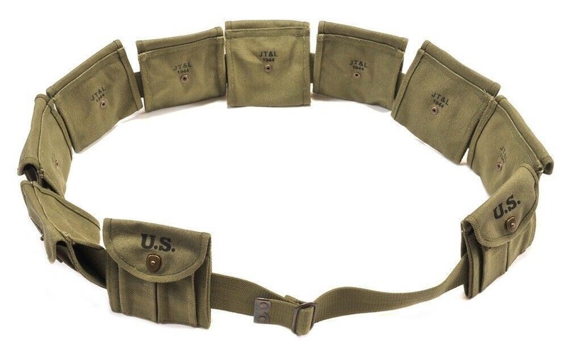 M1 CARBINE BANDOLIER WITH 10 MAGAZINE POUCHES MARKED JT&L 1944 gallery