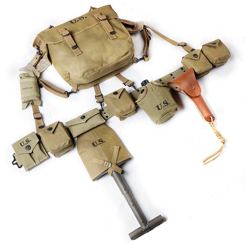 WW2 US ARMY SOLDIER EQUIPMENT COMBINATION M36 BAG X-STRAPS BELT T-SPADES SET gallery