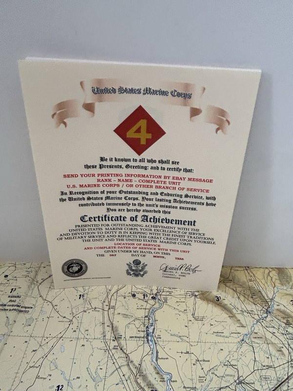 U.S. MARINE CORPS / 4TH MARINE DIVISION - CERTIFICATE OF ACHIEVEMENT gallery