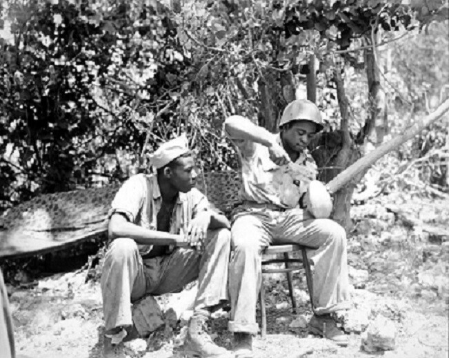 U.S. Marines open a coconut while on Saipan 8x10 WWII WW2 Photo 571a