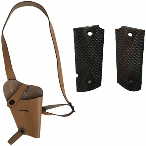 US Colt Leather Shoulder Holster Tan with WWII US M1911 Ebony Wood Colt Pistol