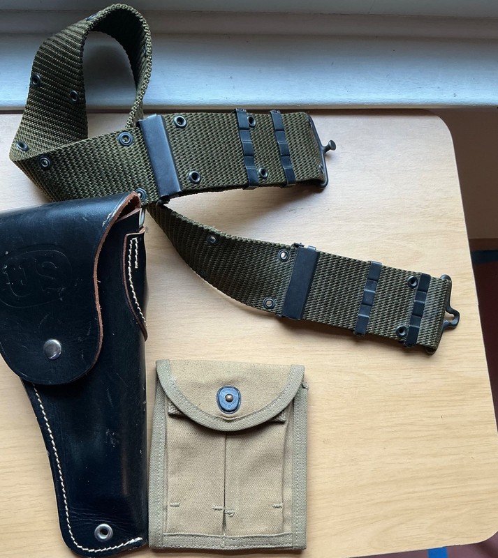 WWII US Army belt with 1911 45ACP holster and a mag pouch (reproductions - used) gallery