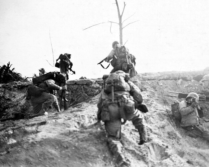 U.S. Marines with Rifles in action on Okinawa WWII World War II 8×10 Photo 996a