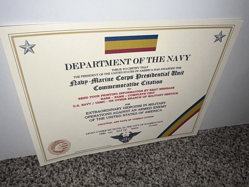 NAVY / MC PRESIDENTIAL UNIT COMMEMORATIVE CITATION CERTIFICATE ~ W/PRINTING T-1 gallery