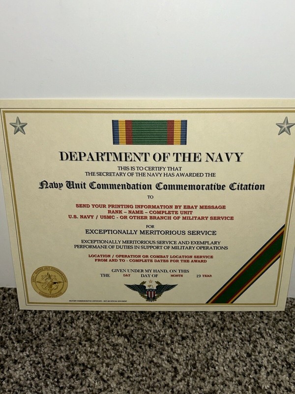 U.S. NAVY UNIT COMMENDATION COMMEMORATIVE CITATION CERTIFICATE ~W/PRINTING T-1 gallery