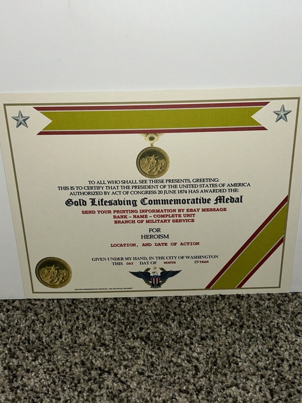 GOLD LIFESAVING MEDAL COMMEMORATIVE MEDAL CERTIFICATE ~ W/PRINTING T-1 gallery
