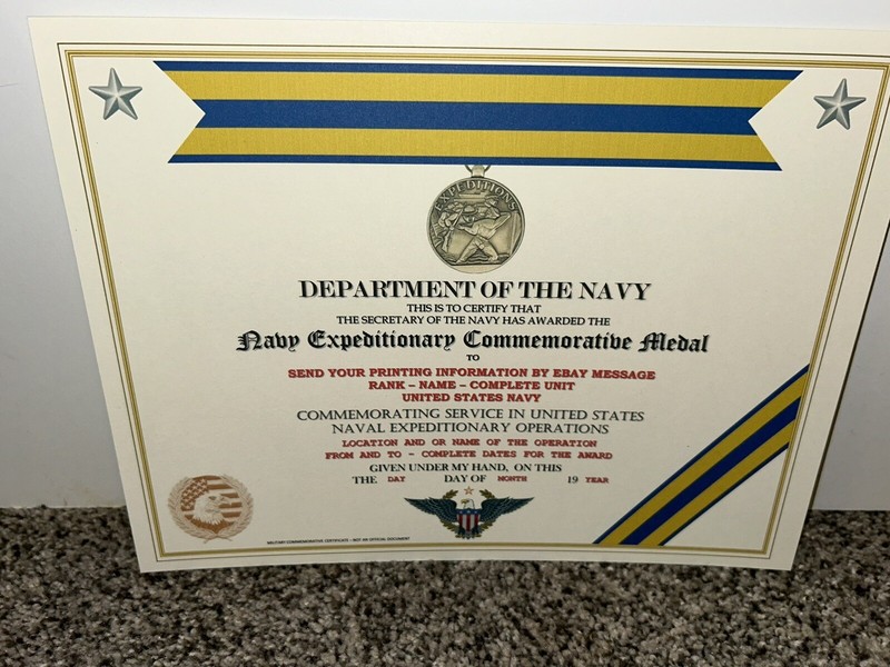 U.S. NAVY EXPEDITIONARY COMMEMORATIVE MEDAL CERTIFICATE~W/PRINTING T-1