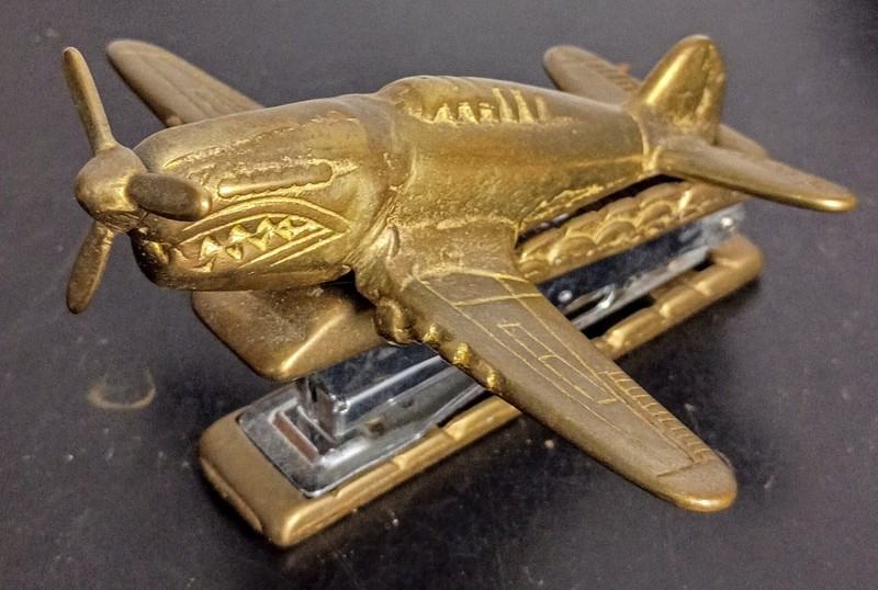 Vintage P-40 Flying Tigers Jet WW2 Fighter Airplane Desk Novelty Brass Stapler