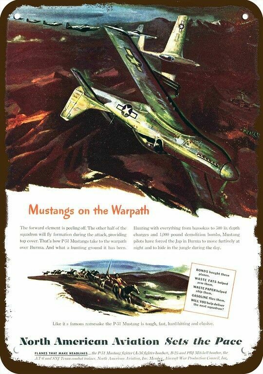 1945 WWII P-51 Mustang Fighter Airplane Vintg-Look DECORATIVE REPLICA METAL SIGN
