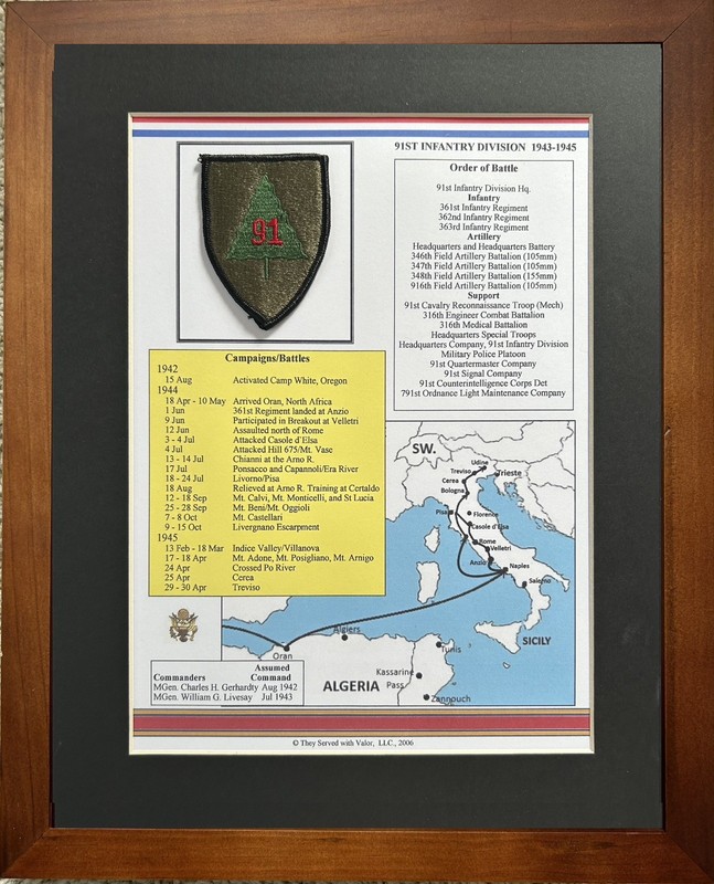 91st Infantry Division WWII Italy Patch History Framed 11×14 Anzio Rome