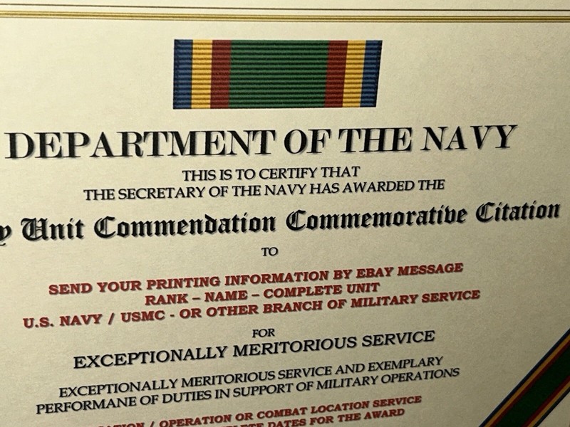 U.S. NAVY UNIT COMMENDATION COMMEMORATIVE CITATION CERTIFICATE ~W/PRINTING T-1 gallery