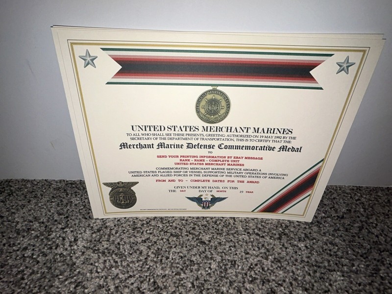 MERCHANT MARINE DEFENSE MEDAL COMMEMORATIVE CERTIFICATE ~ W/PRINTING TYPE-1