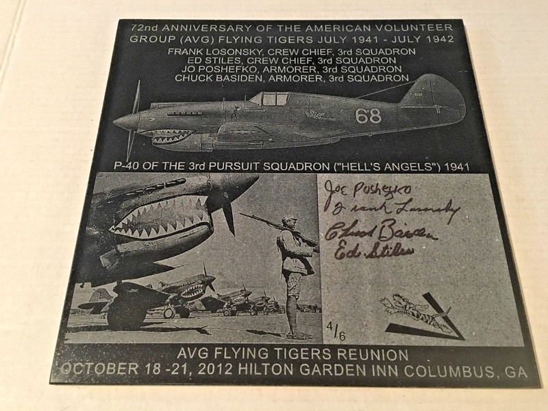 Flying Tigers/AVG 72nd Anniv. Laser Etched Granite Plaque Signed by 3rd Squadron