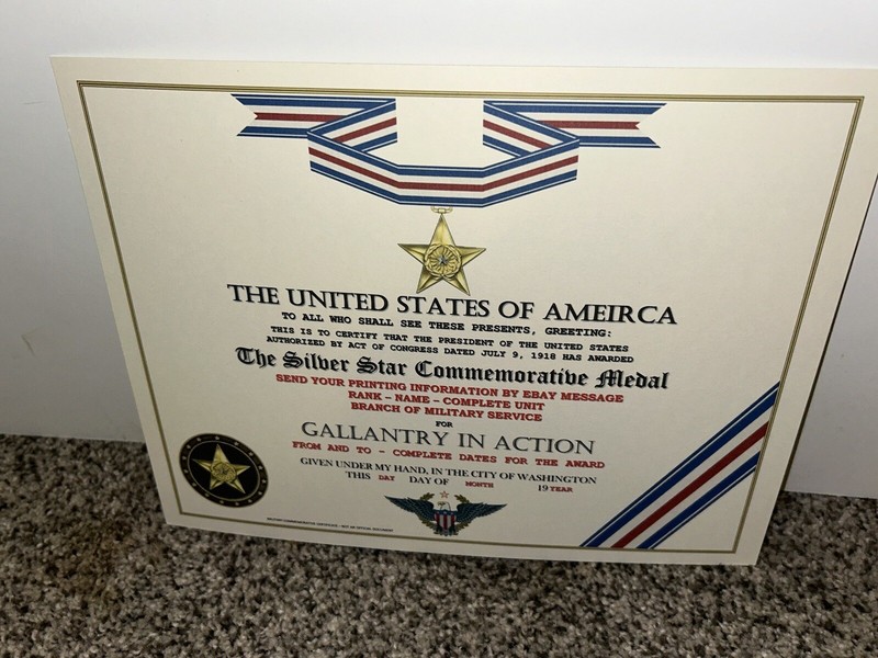 SILVER COMMEMORATIVE STAR MEDAL CERTIFICATE ~ TYPE-2 w/PRINTING gallery
