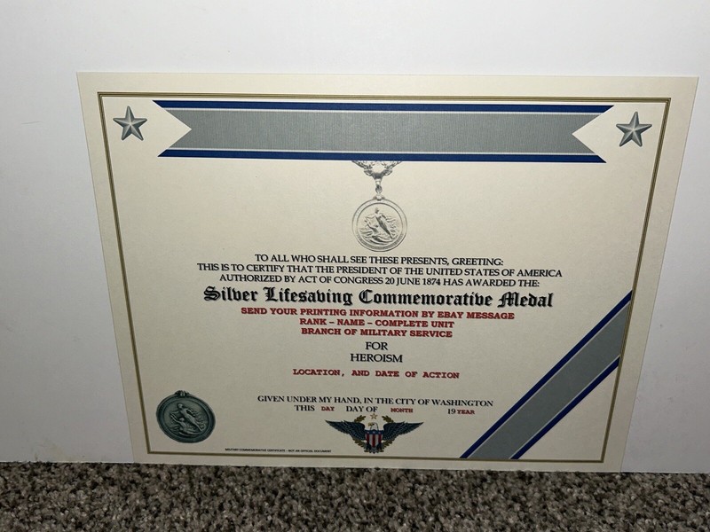 SILVER LIFESAVING MEDAL COMMEMORATIVE MEDAL CERTIFICATE ~ W/PRINTING T-1 gallery