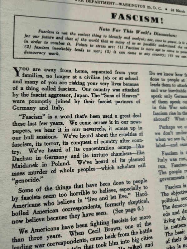 Army Talk #64 * March 24 1945 Orientation Fact Sheet * How to identify FASCISM ! gallery