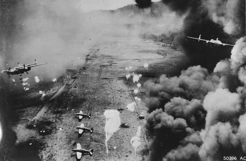 WWII Photo B-25 Bombers Attacking Japanese Airfield New Guinea WW2 USAAF / 5046