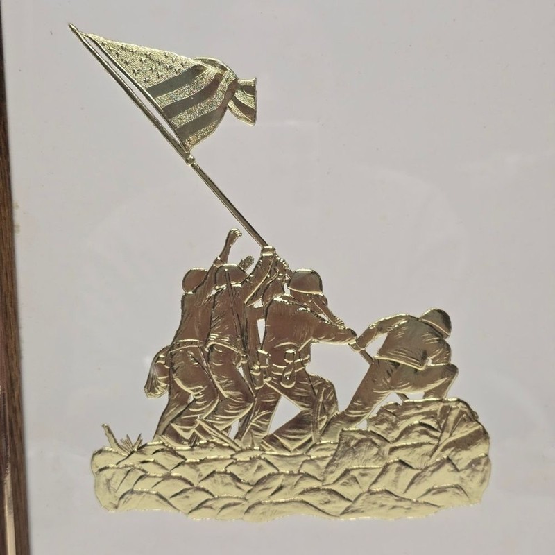 Iwo Jima Flag Rasing Gold Embossed Photo Print With Inscription WW2 USMC VTG gallery