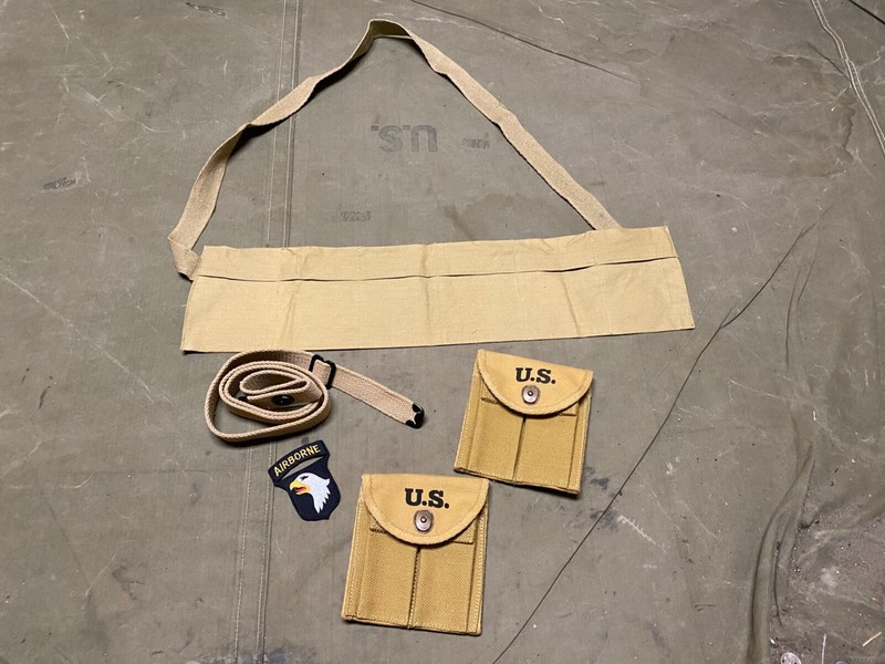 WWII US AIRBORNE PARATROOPER M1 CARBINE RIFLE AMMO BANDOLEER, POUCH, SLING LOT