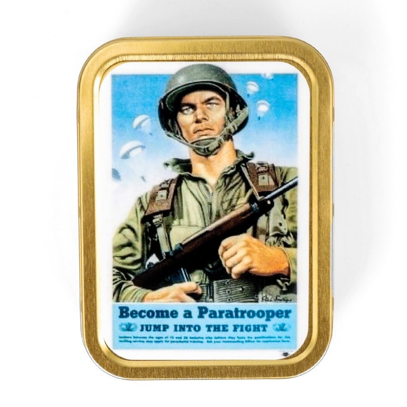WW2 Themed Become A Paratrooper Metal Tin- US Propaganda Novelty Empty Tin Box