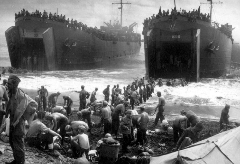 Two Coast Guard-Manned Landing Ships bring supplys Leyte Island 13x19 Photo 247a