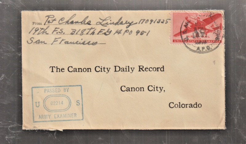 U.S. Army WW2 Censored APO Cover , APO 251 Bellows Field Oahu Hawaii VF