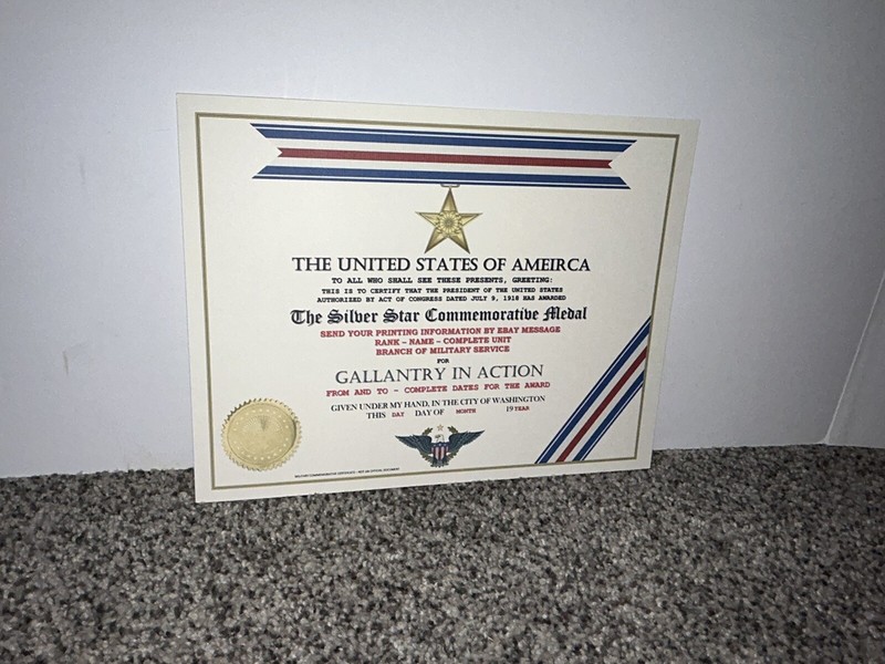 SILVER AWARD COMMEMORATIVE STAR MEDAL CERTIFICATE ~ CUSTOM PRINTING T-1 gallery