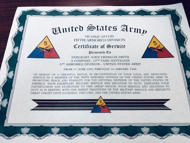 U.S. ARMY ~ ARMOR DIVISIONS CERTIFICATE OF SERVICE / With FREE PRINTING gallery