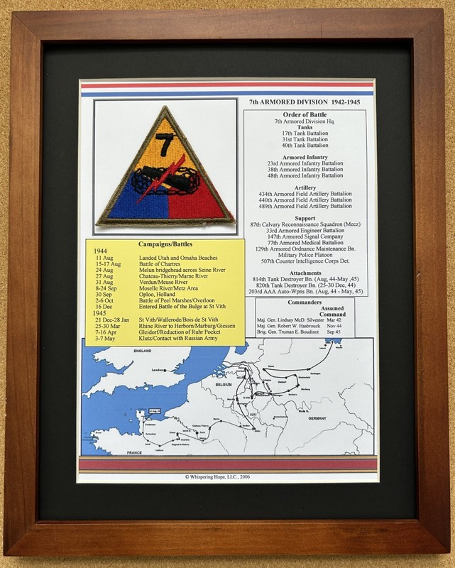 7th Armored Division Patch and History in World War II (11″ x 14″)