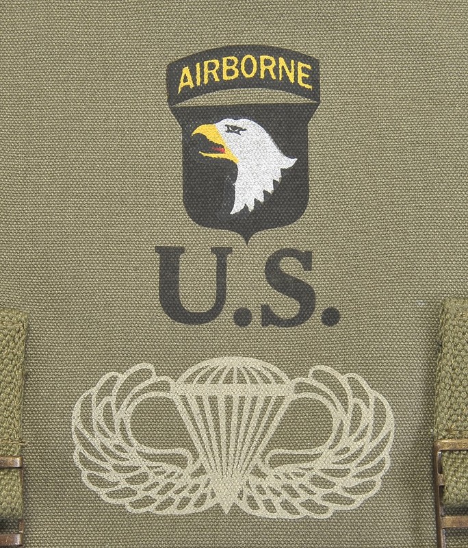 US WW2 101st Airborne Musette Bag with Shoulder strap OD marked JT&L 1944 gallery