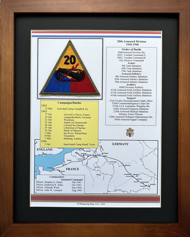 20th Armored Division Patch and History in World War II (11″ x 14″)