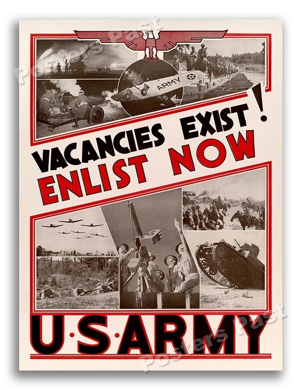 “Enlist Now! U.S. Army” 1940 Vintage Style WW2 War Recruiting Poster - 18x24