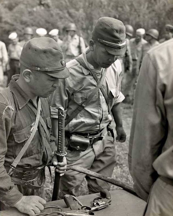 WWII Photo Japanese Officers Surrender Swords WW2 B&W World War Two / 2375