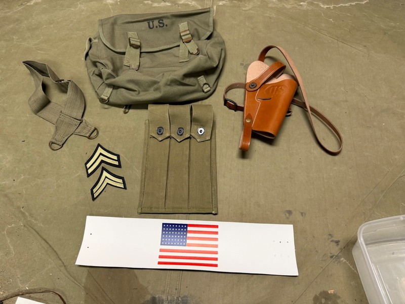 WWII US AIRBORNE PARATROOPER GREASE GUN AMMO BANDO, M3 .45 HOLSTER BELT GEAR LOT