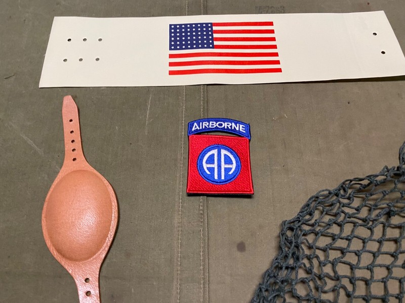 WWII US 82ND AIRBORNE PARATROOPER JUMP LINER CHIN CUP & BRASSARD, NET LOT gallery