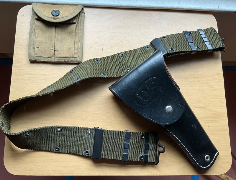 WWII US Army belt with 1911 45ACP holster and a mag pouch (reproductions – used)