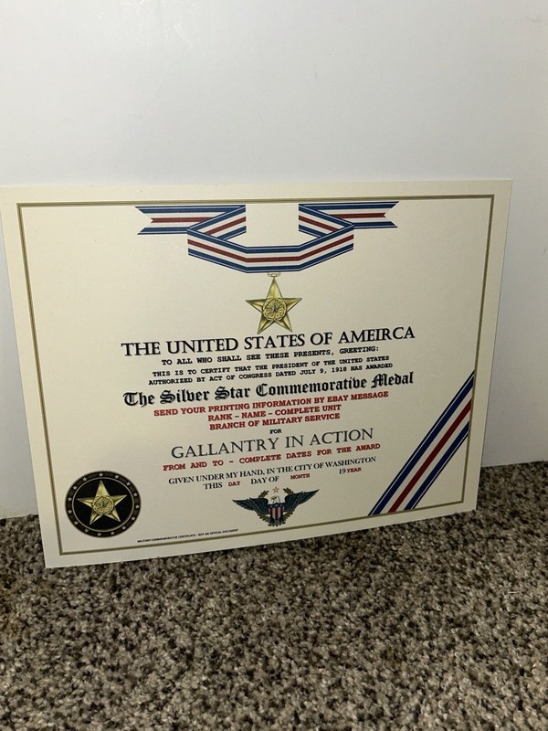 SILVER COMMEMORATIVE STAR MEDAL CERTIFICATE ~ TYPE-2 w/PRINTING gallery