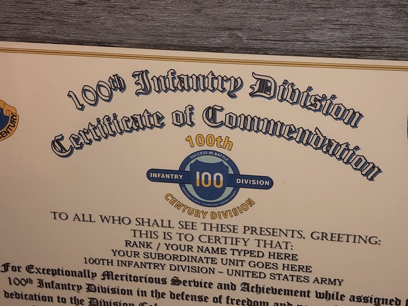 100TH INFANTRY DIVISION / COMMEMORATIVE - CERTIFICATE OF COMMENDATION gallery