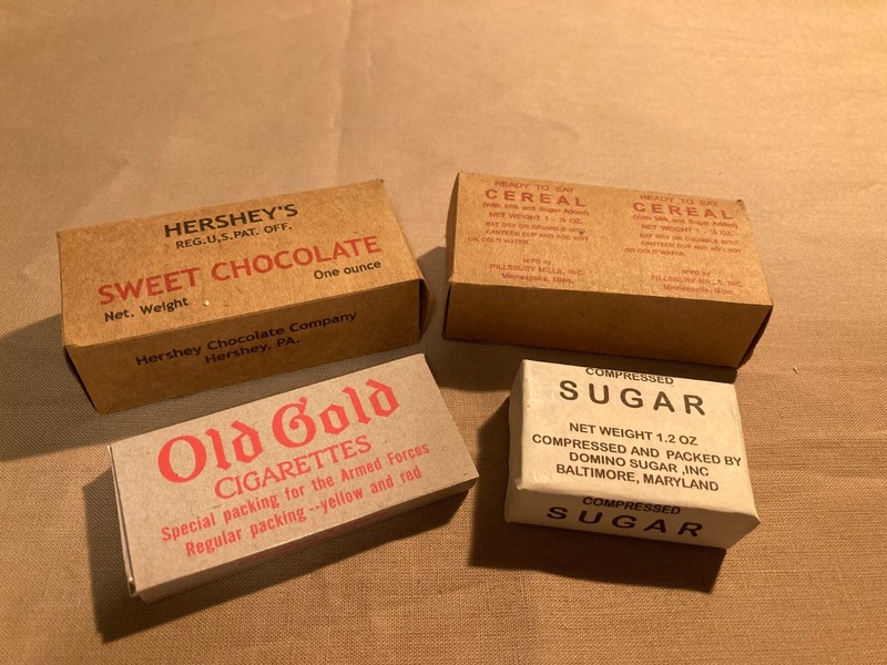 WWII Army K Ration components Sweet Chocolate , Sugar,Cereal, Old Gold Box set