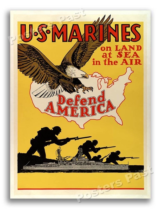 “U.S. Marines Defend America” 1942 Vintage Style World War 2 Poster – 24×32