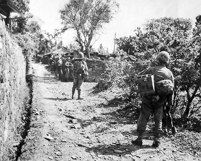 U.S. Marines March into Sobe during Invasion of Okinawa 8x10 WWII WW2 Photo 611a
