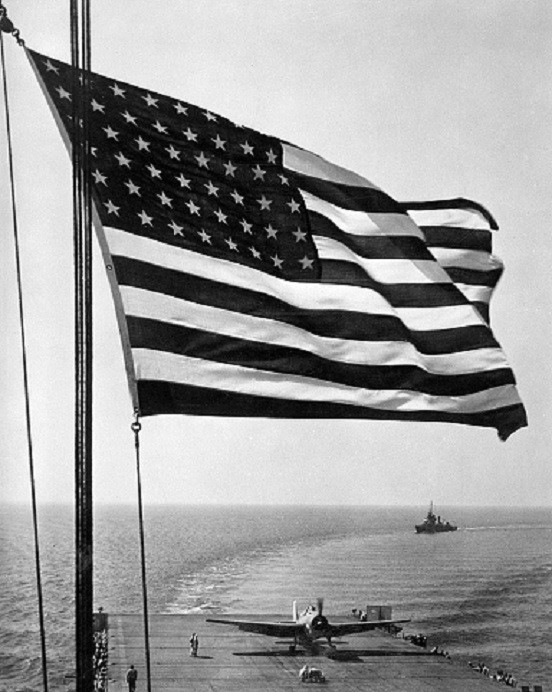 Stars and Stripes wave over U.S. Navy Aircraft Carrier 8×10 WW II WW2 Photo 653