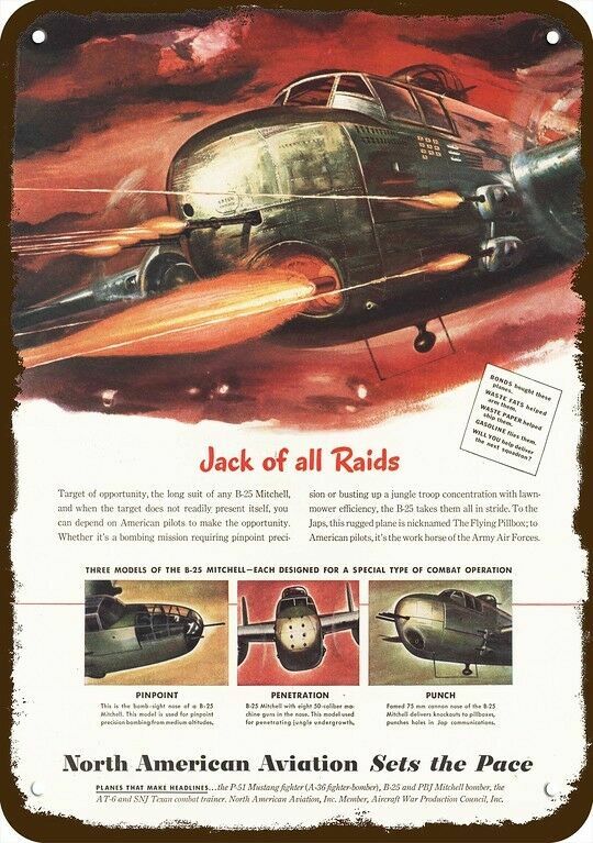 1945 North American Aviation B-25 Mitchell Bomber DECORATIVE REPLICA METAL SIGN