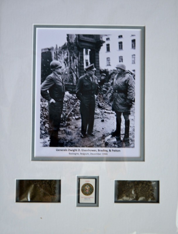 Bastogne, WWII, Generals, 12×16 double Matted, Bastogne dirt, US Army Stamp