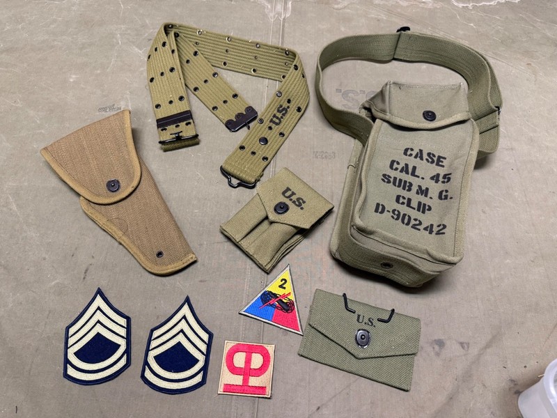 WWII US TANKER ARMOR INFANTRY GREASE GUN AMMO BELT, .45 HOLSTER BELT GEAR LOT